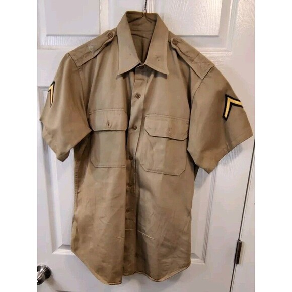 Vtg 60s Military Mens Small 1960 8.2 oz Khaki Field Button Shirt USA 15.5x32 - Picture 1 of 13